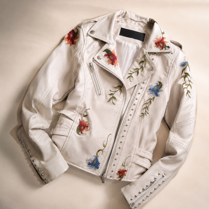 Delacroix Women's Floral Embroidered Leather Biker Jacket