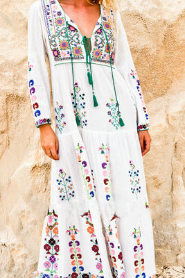 Women's Embroidered Cotton Linen Large Swing Maxi Skirt-HighTouch