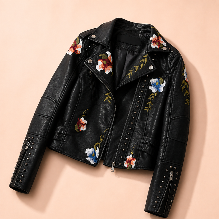 Delacroix Women's Floral Embroidered Leather Biker Jacket