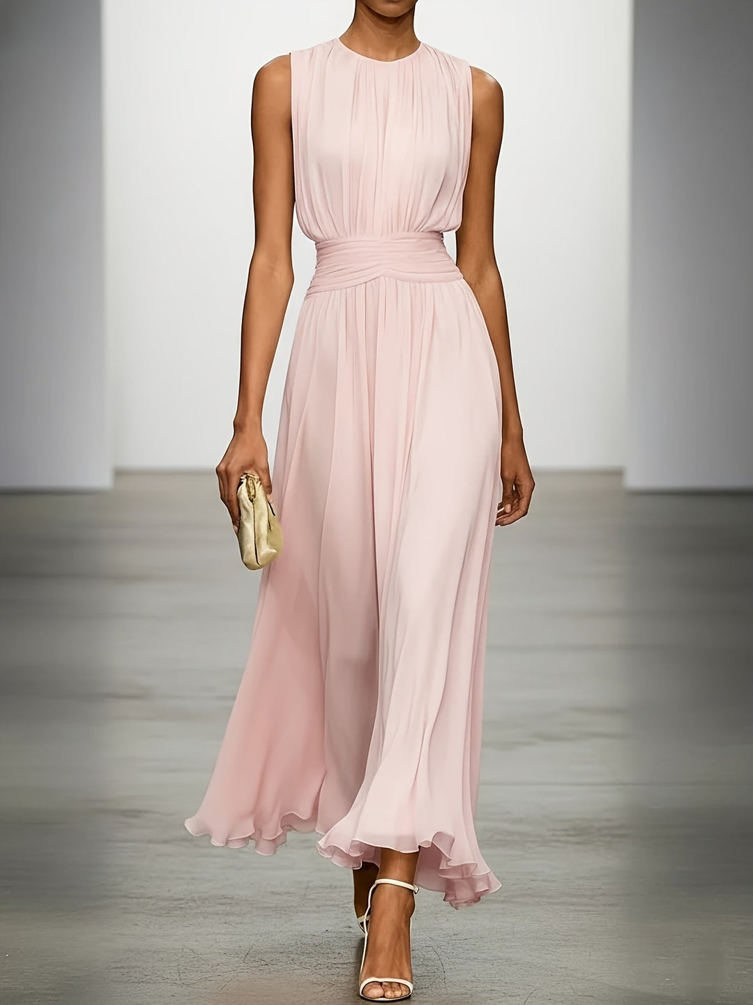 Hightouch | Pleated Maxi Wedding Guest Dress With Ruched Waist