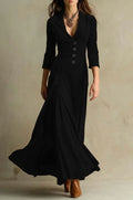 Solid Color Buttons Lapel 34 Sleeve Maxi Dress Waist Expansion Skirt-HighTouch