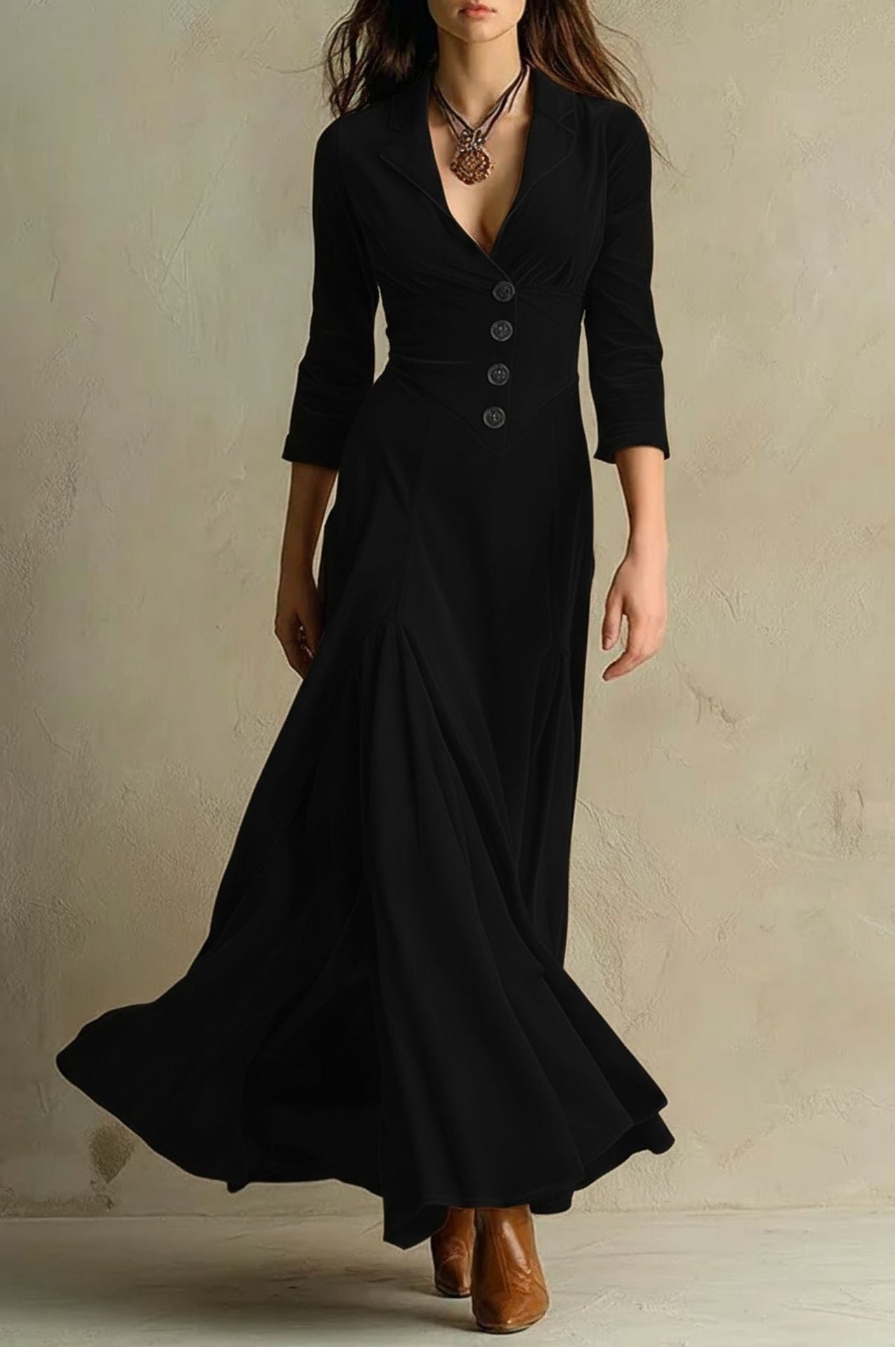 Solid Color Buttons Lapel 34 Sleeve Maxi Dress Waist Expansion Skirt-HighTouch
