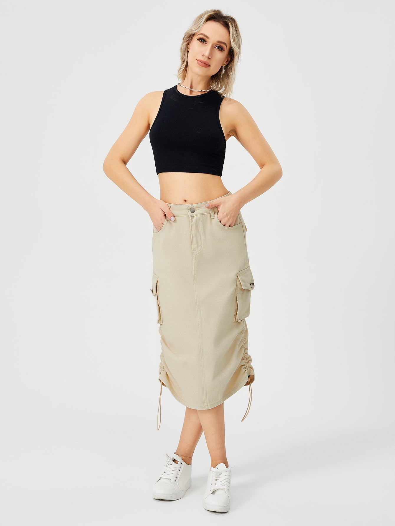 Women's Denim Cargo Midi Skirt – High Waisted Y2K Style with Pockets-HighTouch