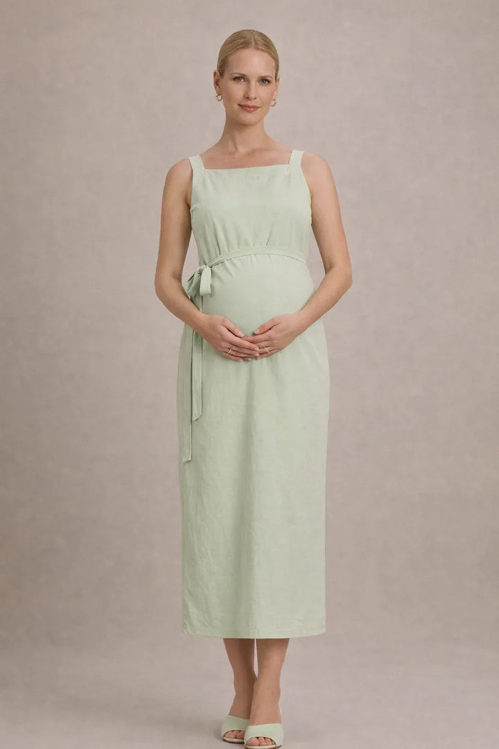 Maternity Midi Dress – Sleeveless Empire Waist Pregnancy Dress with Tie Waist