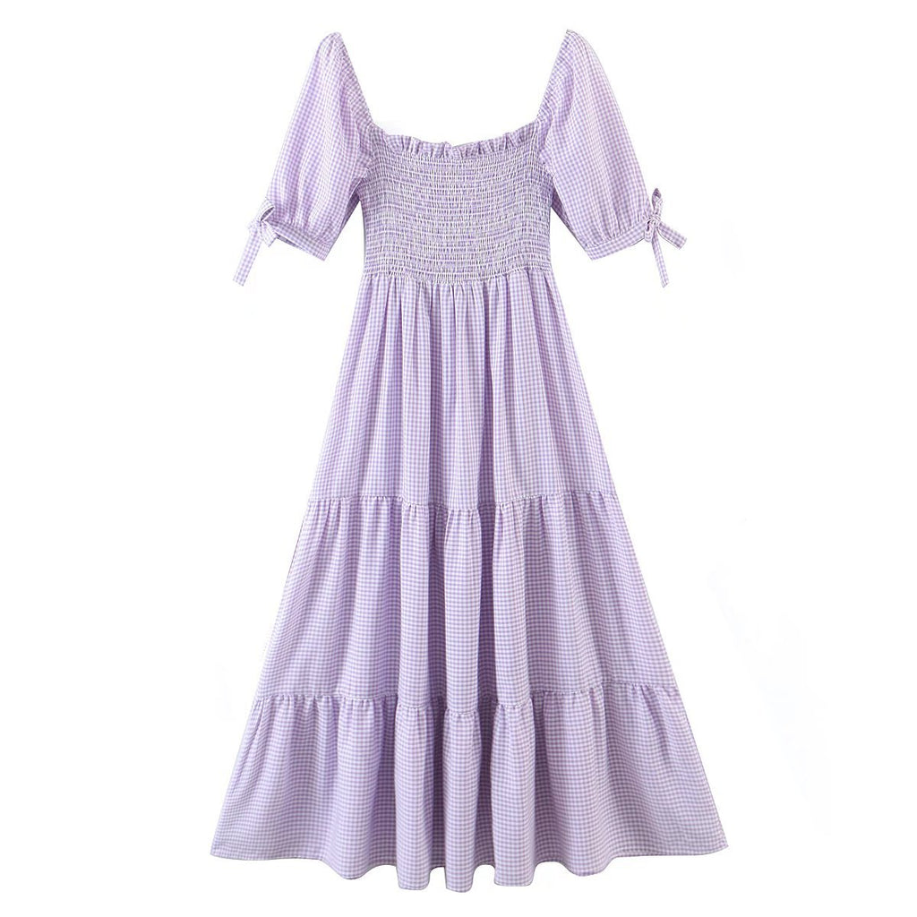 Purple Plaid Elastic Long Dress-HighTouch
