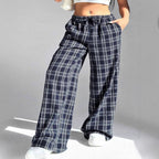 Women's Casual All-match Loose Drawstring Plaid Pocket Trousers-HighTouch