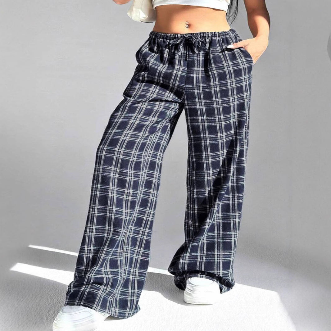 Women's Casual All-match Loose Drawstring Plaid Pocket Trousers-HighTouch