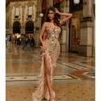 Fashion V-strap Backless Elegant Sequined Tight Split Feather Dress-HighTouch