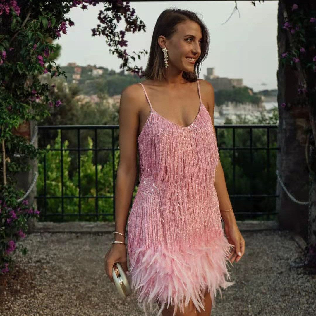 Margaret | Women's Fringe Feather Cocktail Dress for Events-HighTouch