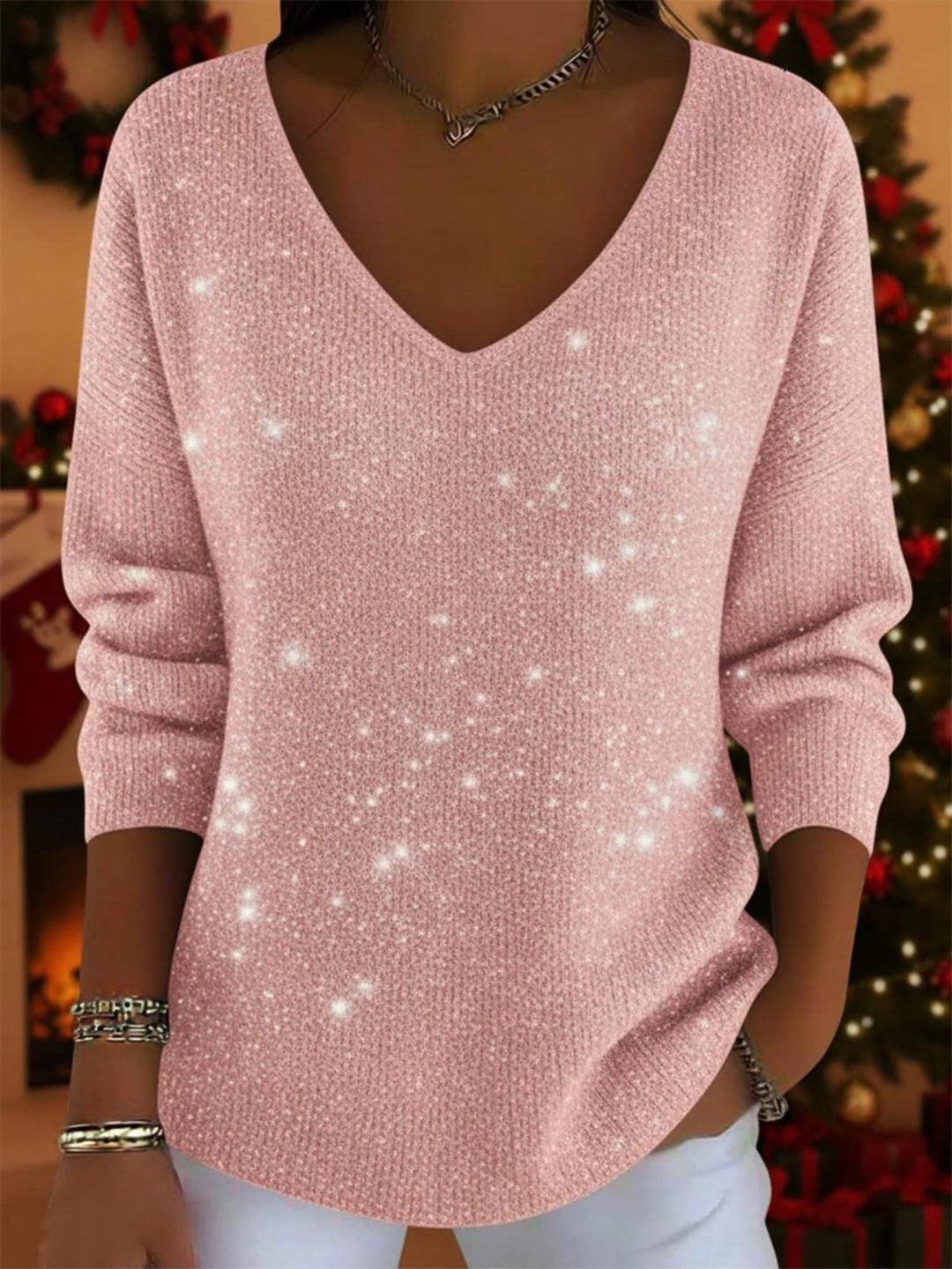 Women's Festive Glitter V-Neck Three-Quarter Sleeve Sweater