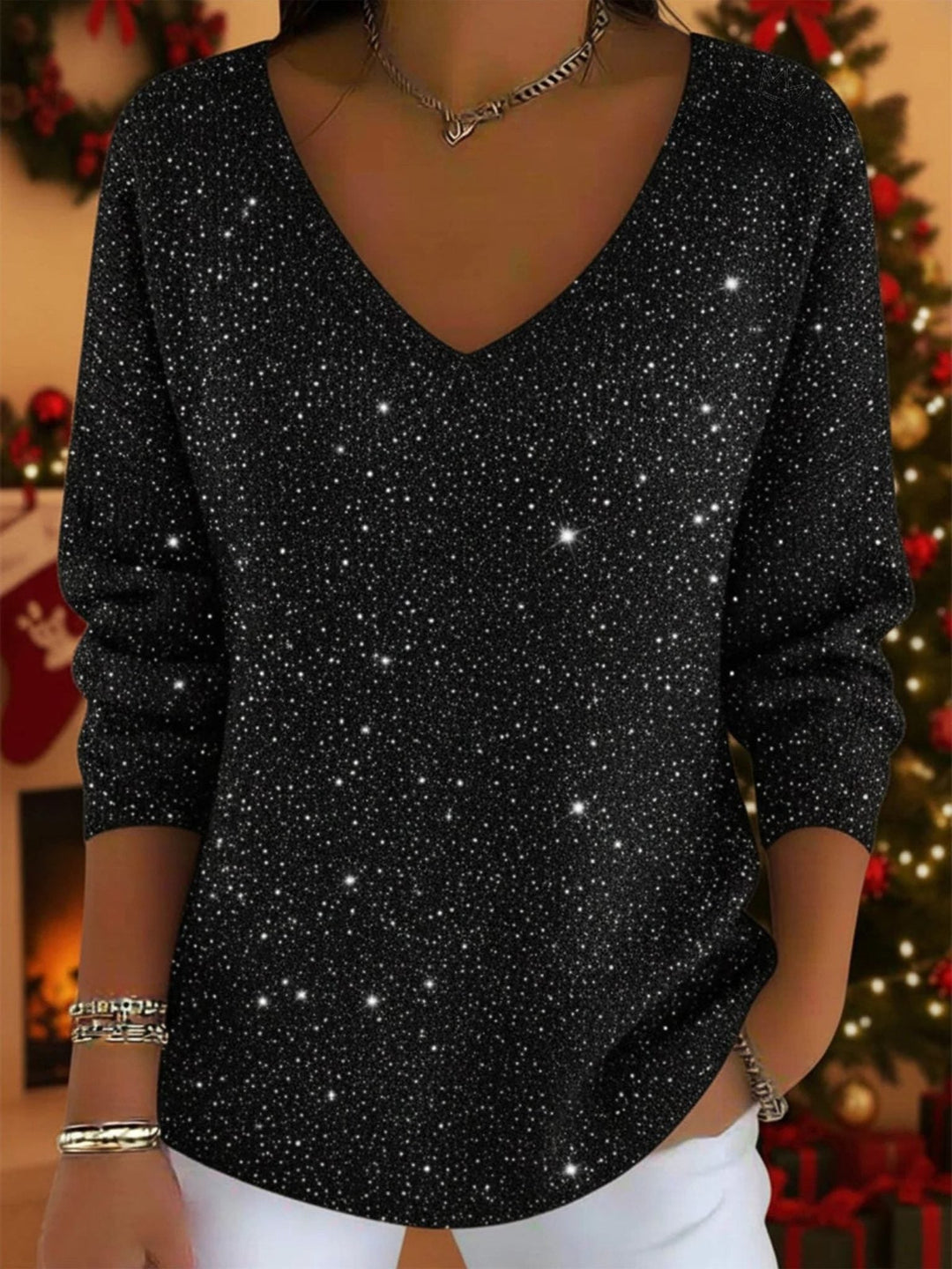 Women's Festive Glitter V-Neck Three-Quarter Sleeve Sweater