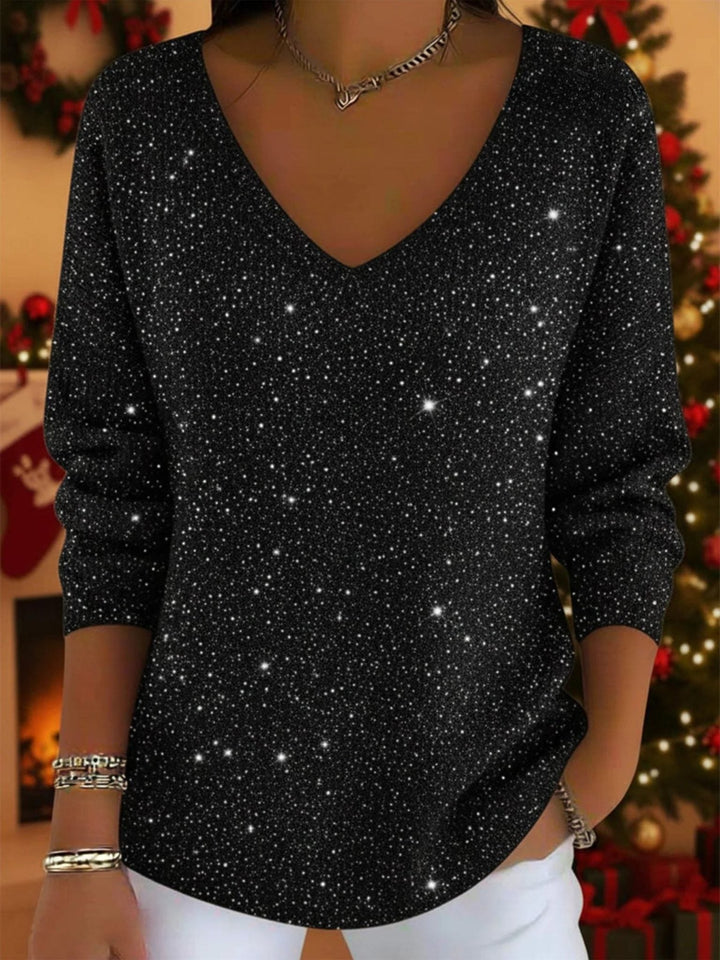 Women's Festive Glitter V-Neck Three-Quarter Sleeve Sweater