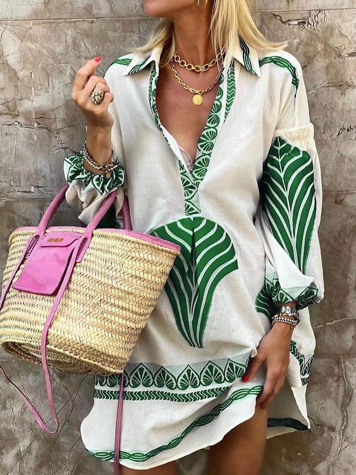 Elysia | Women's V-Neck Printed Long Sleeve Mini Dress