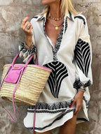 Elysia | Women's V-Neck Printed Long Sleeve Mini Dress