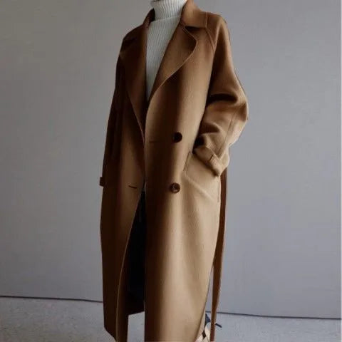 Winter Wool Trench Coat Women Longline Belted Double Breasted