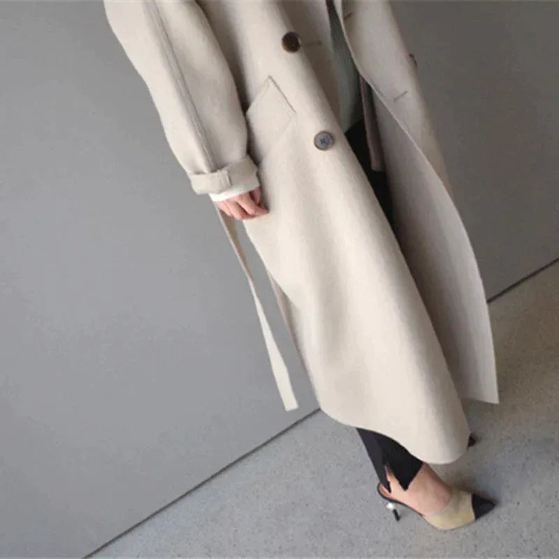 Winter Wool Trench Coat Women Longline Belted Double Breasted
