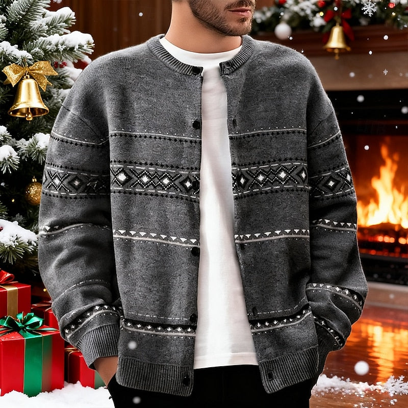 Men's Geometric Pattern Button-Down Holiday Knit Cardigan