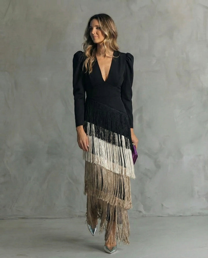 Esmeralda | Women's V-Neck Fringe Maxi Dress
