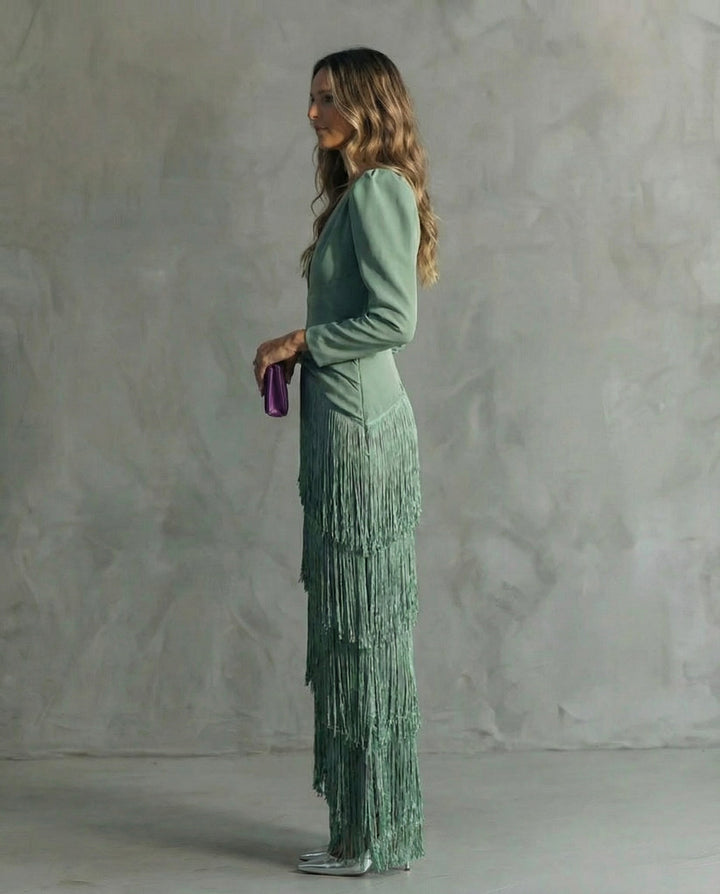 Esmeralda | Women's V-Neck Fringe Maxi Dress