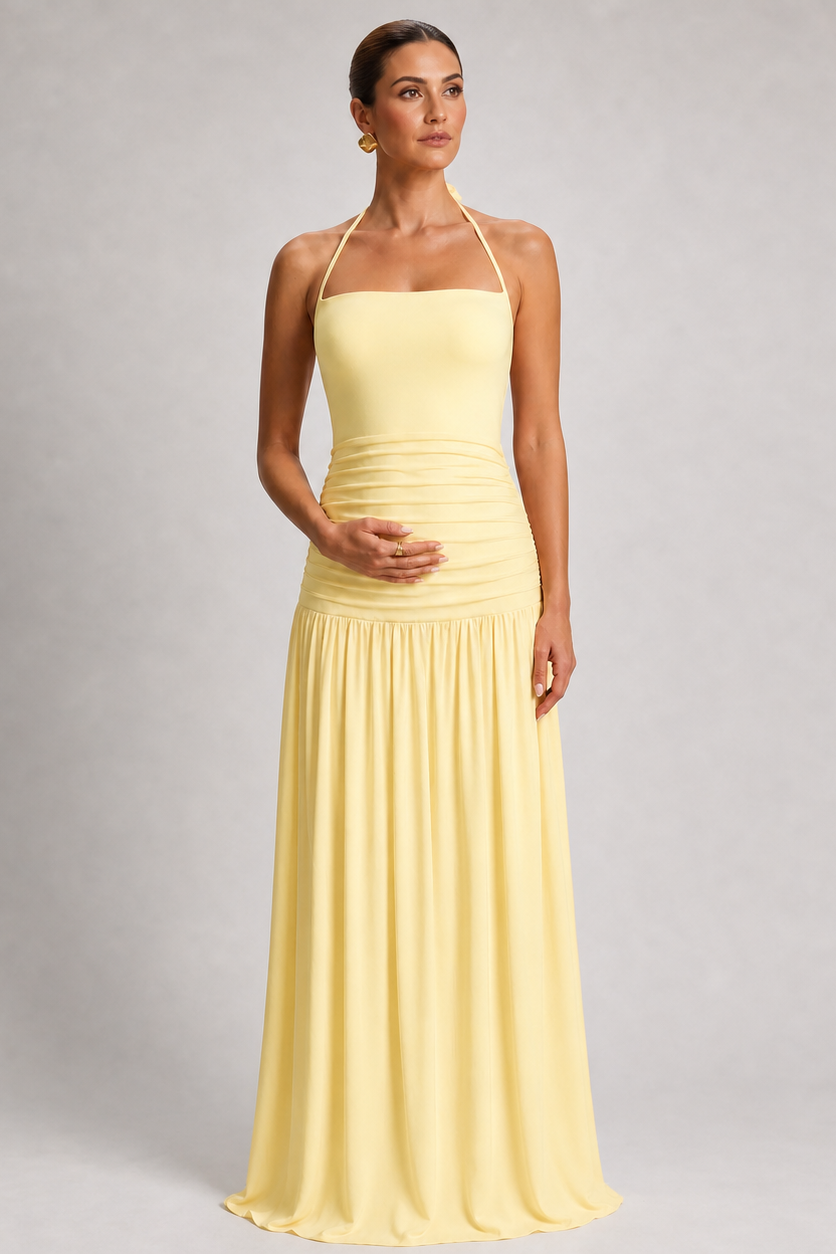 Maternity Maxi Dress – Halter Sleeveless Pregnancy Dress with Pleated – HighTouch