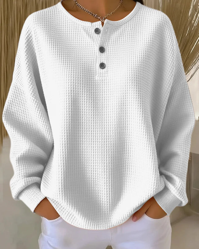 Waffle Knit Long Sleeve Button Top