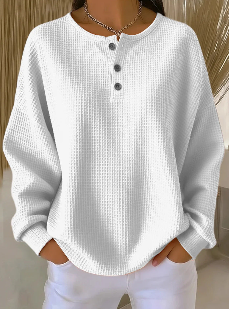 Waffle Knit Long Sleeve Button Top-HighTouch
