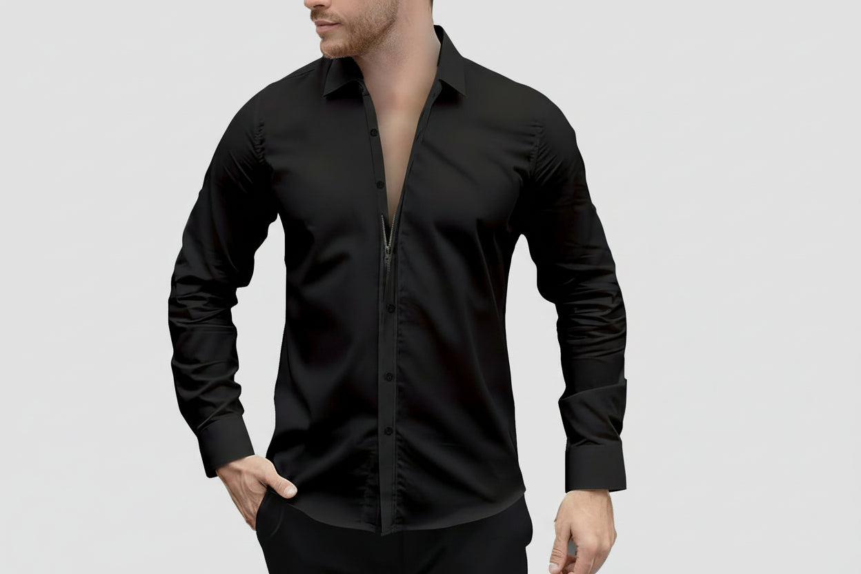 Long Sleeve Zipper Shirt With Button Design Fashion Lapel Tops For Mens Clothing