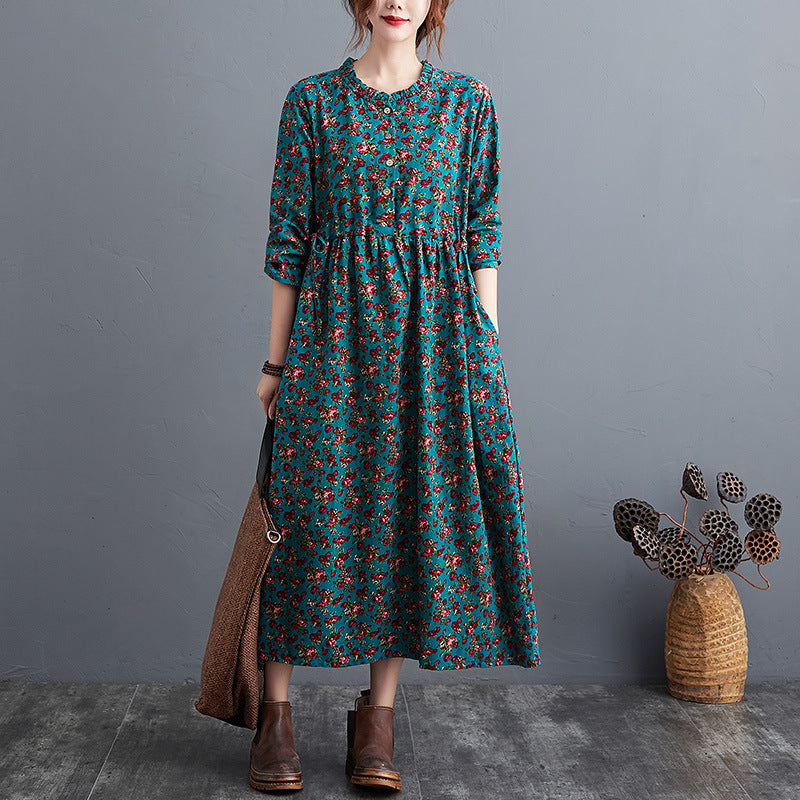 Women's Cotton-Linen Fold Stitch Dress – Relaxed Casual Midi Dress-HighTouch