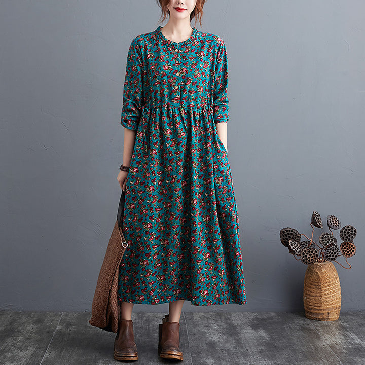 Women's Cotton-Linen Fold Stitch Dress – Relaxed Casual Midi Dress-HighTouch
