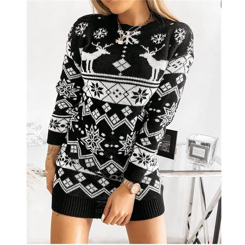 Women's Christmas Elk Snowflake Sweater Dress - Festive Winter Sweater