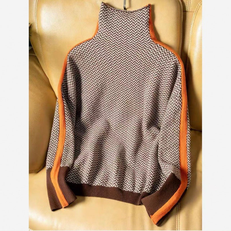 Women’s Contrast‑Sleeve Wool‑Like Turtleneck Sweater-HighTouch