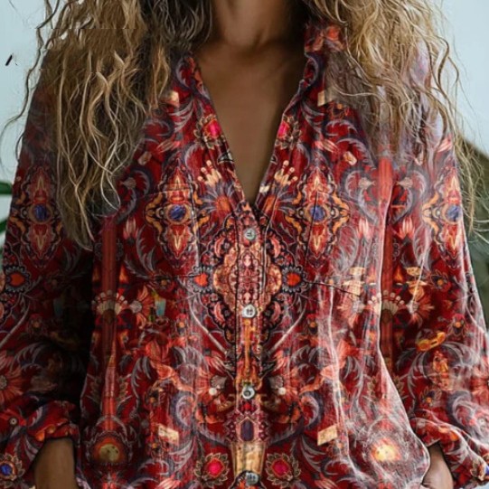 Women’s Blouse | Printed V-Neck Long Sleeve-HighTouch