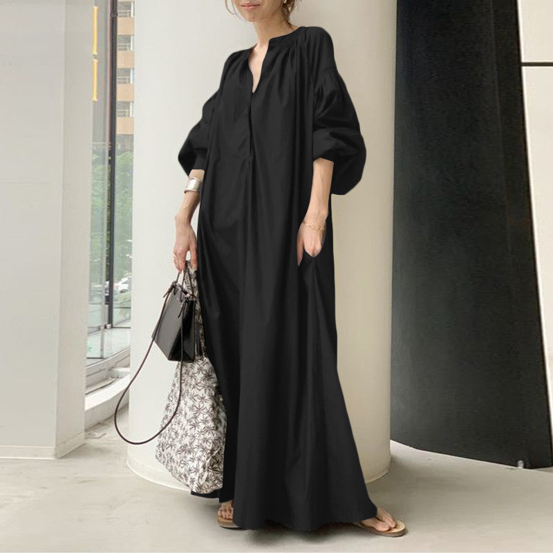 Women's V-Neck Long Maxi Dress – Soft Cotton-Blend Casual Dress-HighTouch