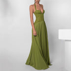 Womens Fashion Backless Halter-neck Low-cut Plunging Pleated Dress-HighTouch