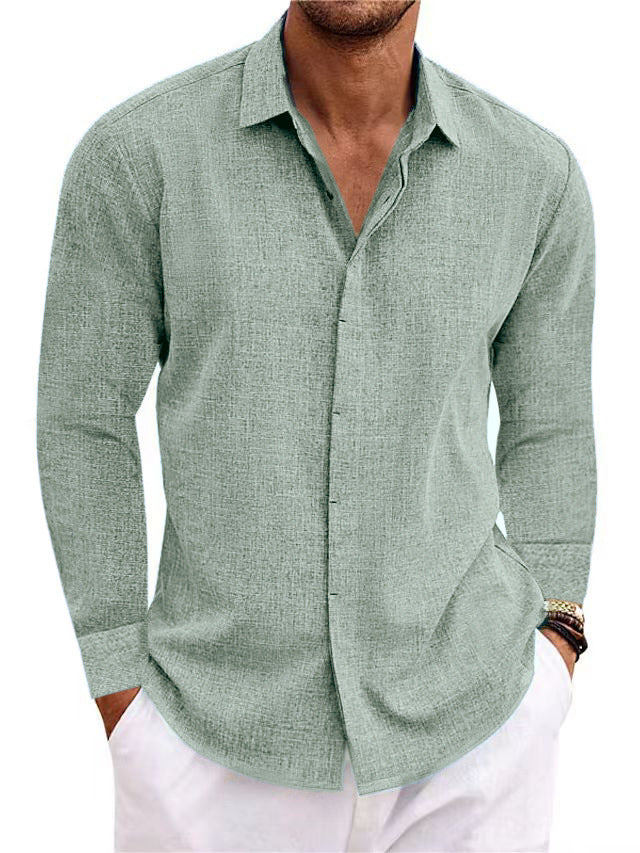 Long Sleeve T-shirt Undershirt Solid Color Long Sleeve Cotton Linen Shirt Men-HighTouch