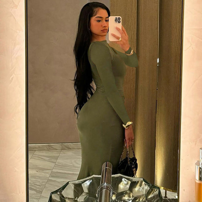 Long Sleeve Pleated High Waist Slim Fit Dress UK