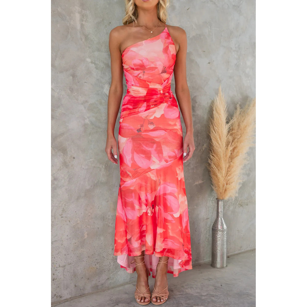 Flowers Print One-shoulder Dress Summer INS Casual Suspender Long Dresses Womens Clothing-HighTouch