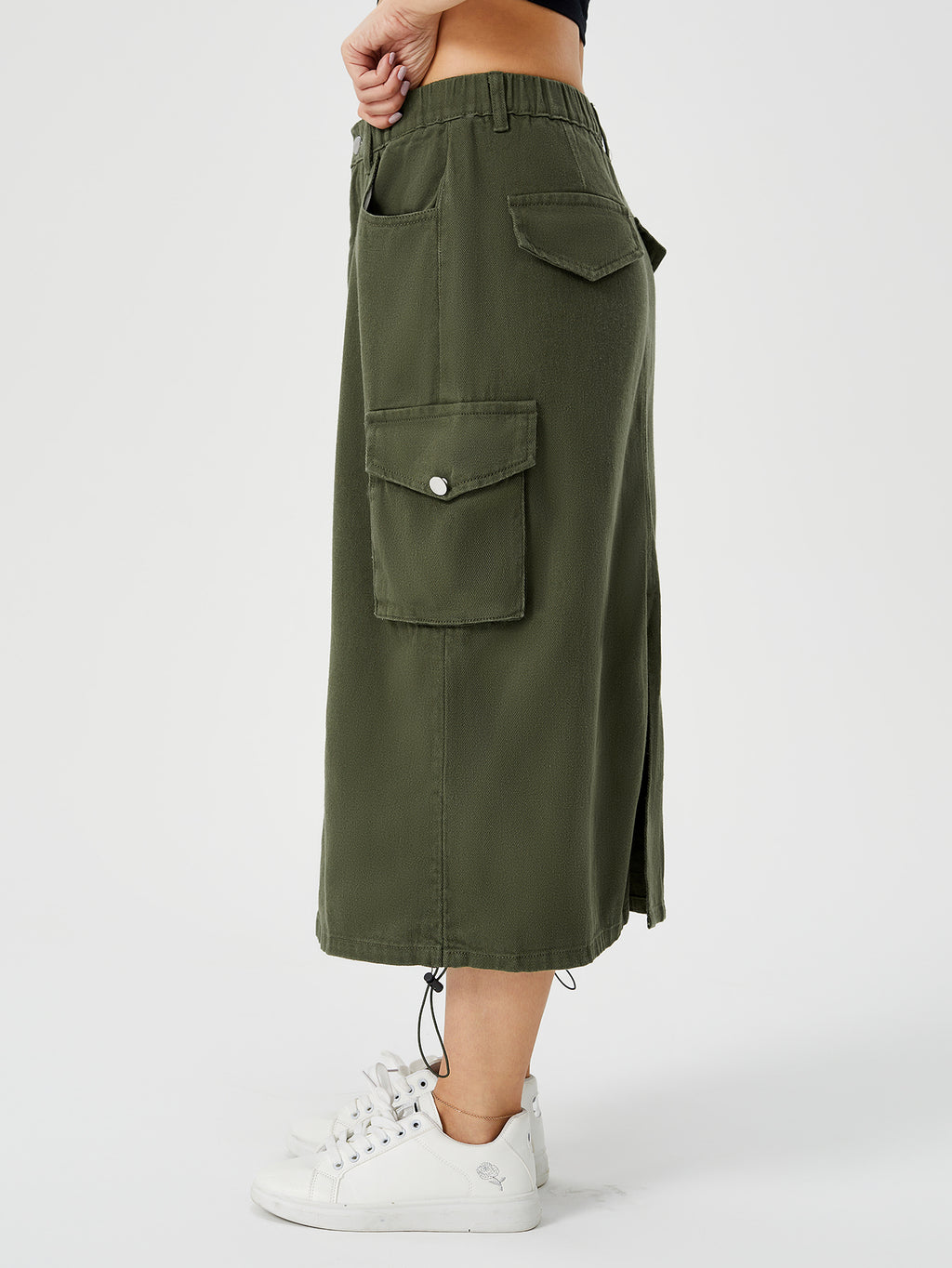 Women's Denim Cargo Midi Skirt – High Waisted Y2K Style with Pockets-HighTouch