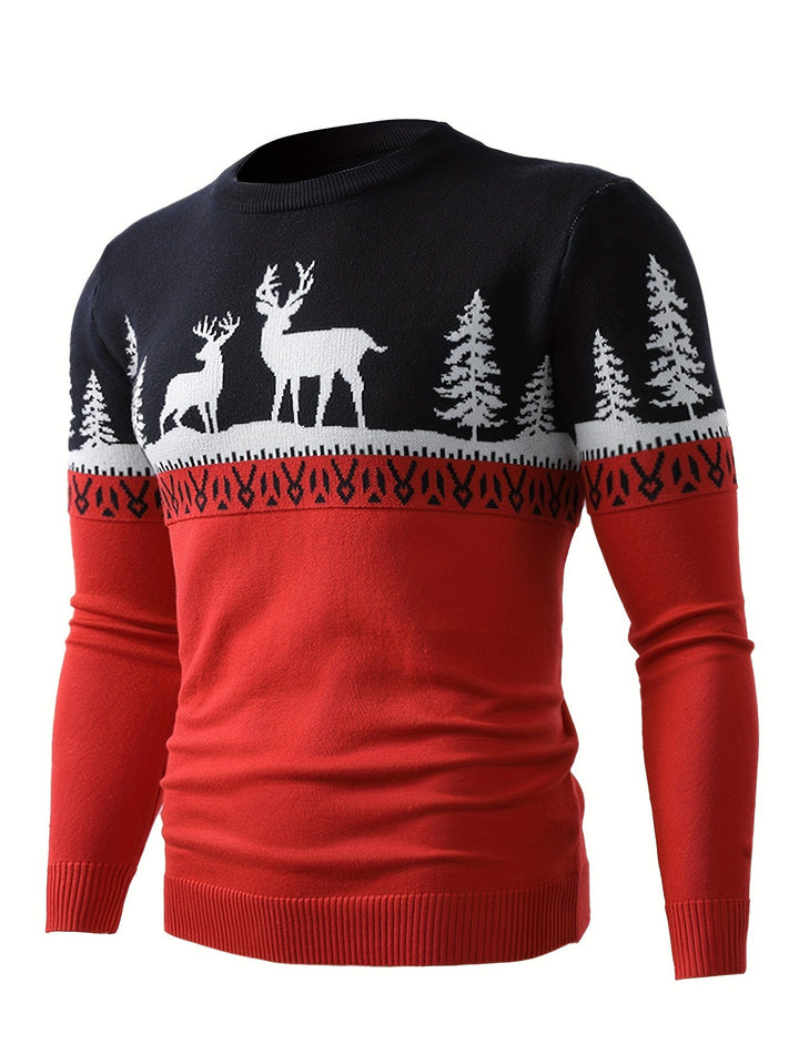 Men's Reindeer and Pine Tree Christmas Crew Neck Sweater