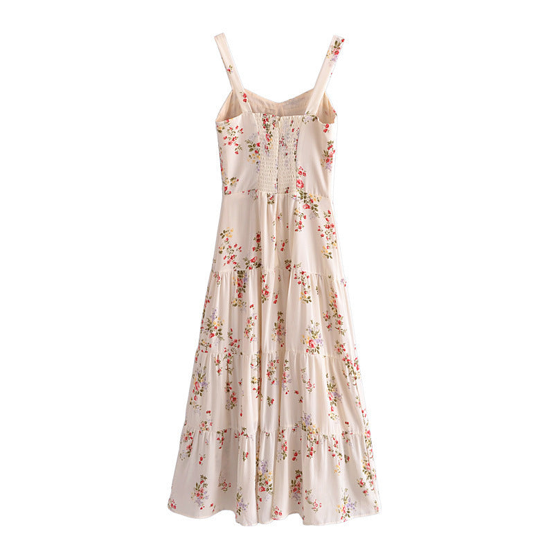 Women's French Style Vintage Small Floral Printed High Waist Slim Fit Slimming Suspenders Dress-HighTouch