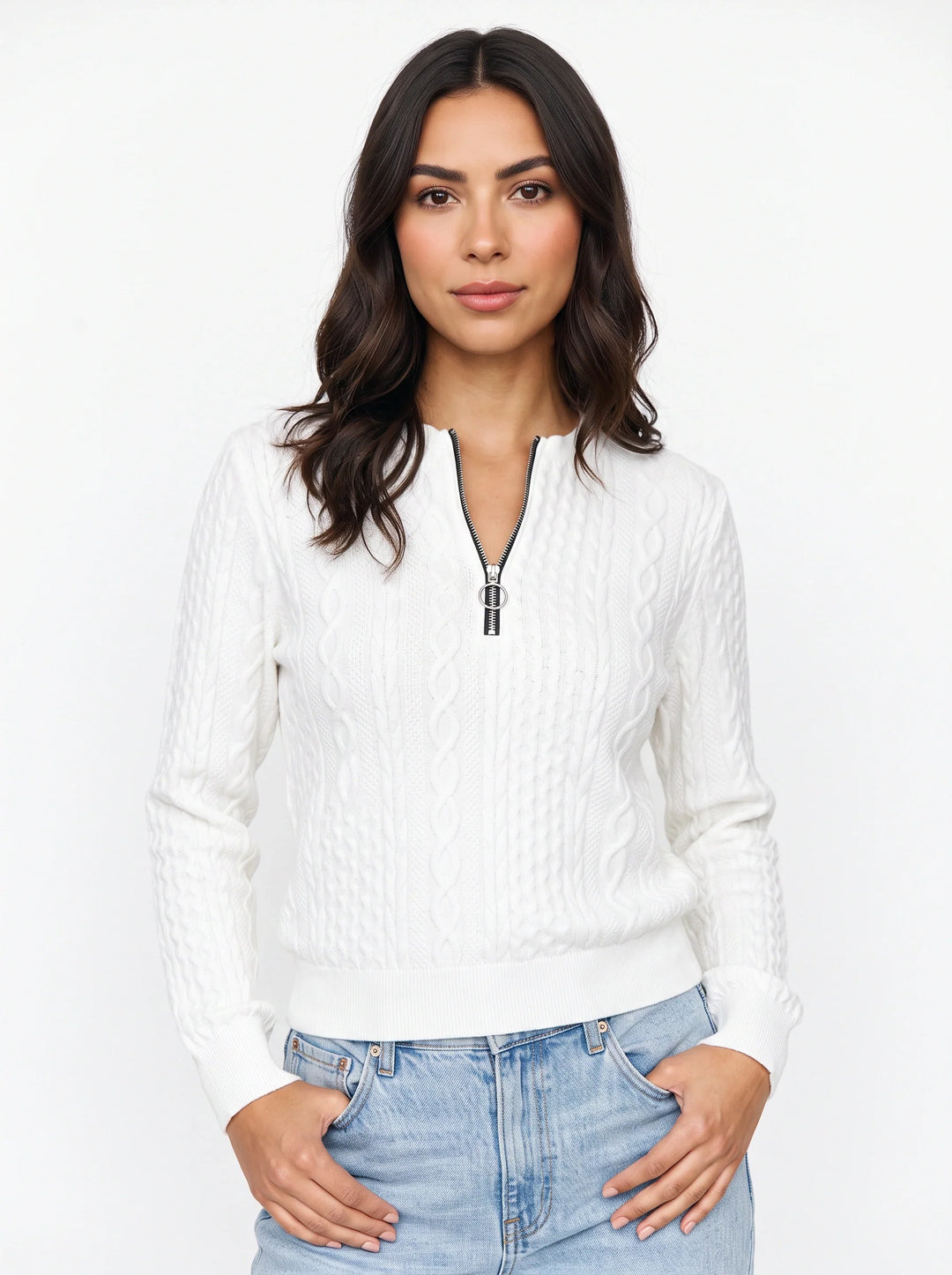 Women's Cable Knit Zip Neck Jumper Smart Office Sweater