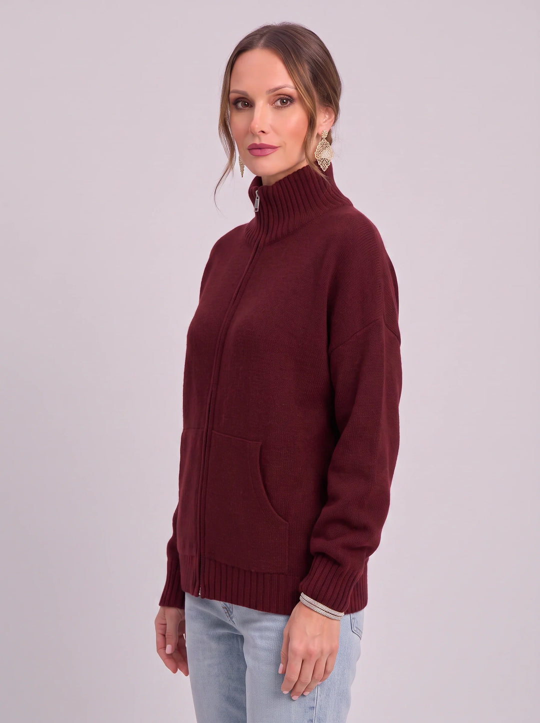 Women's Full Zip Ribbed Cardigan Funnel Neck Sweater