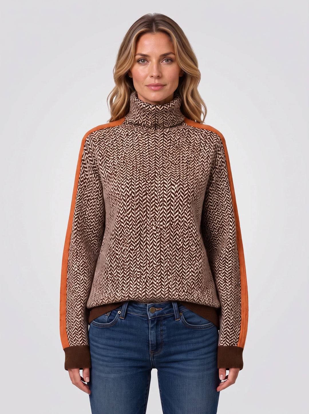 Women's Herringbone Turtleneck Sweater Retro Knit Top