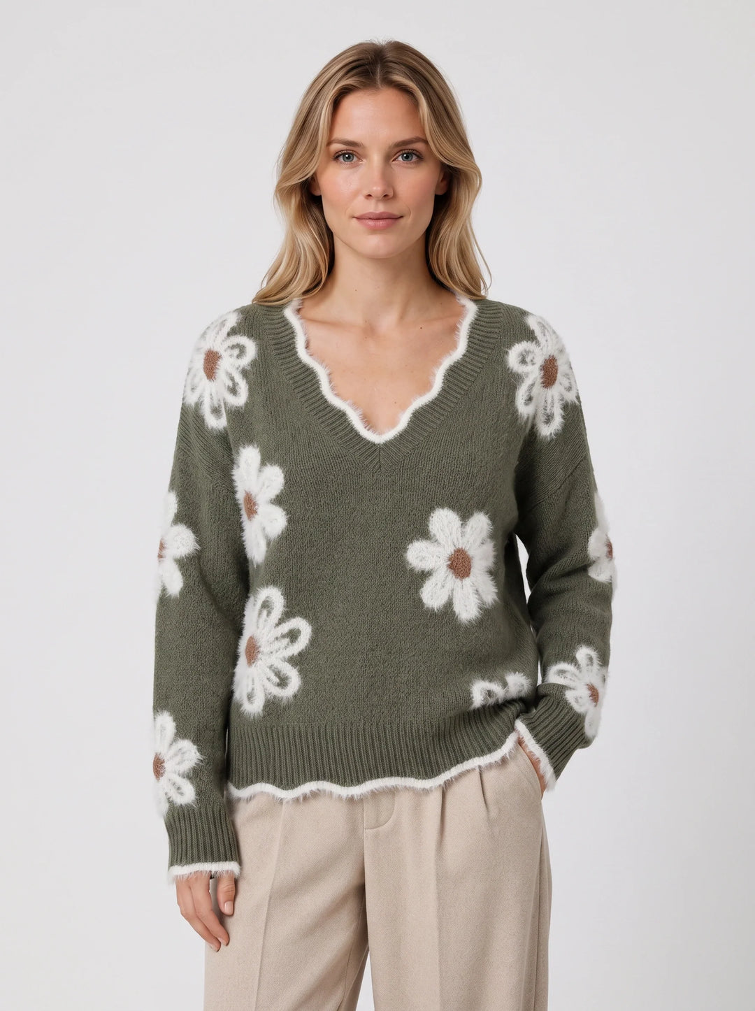 Women's Daisy Embroidered V-Neck Sweater Oversized Knit