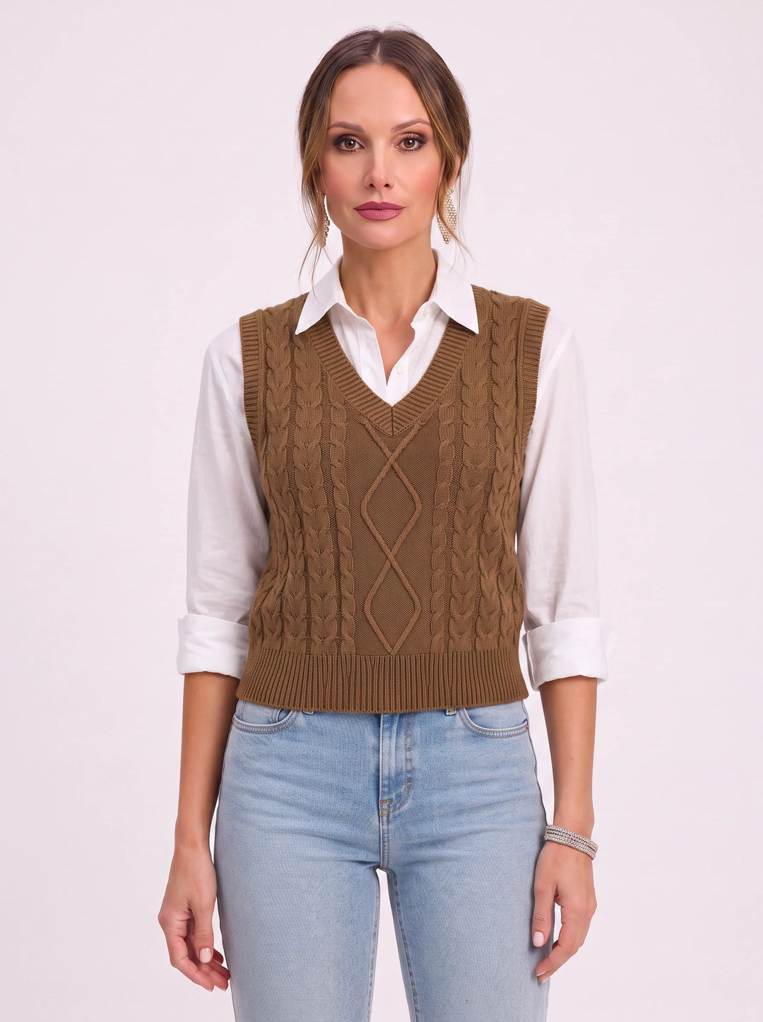 Women's Cable Knit Sweater Vest Preppy V-Neck Layer Top