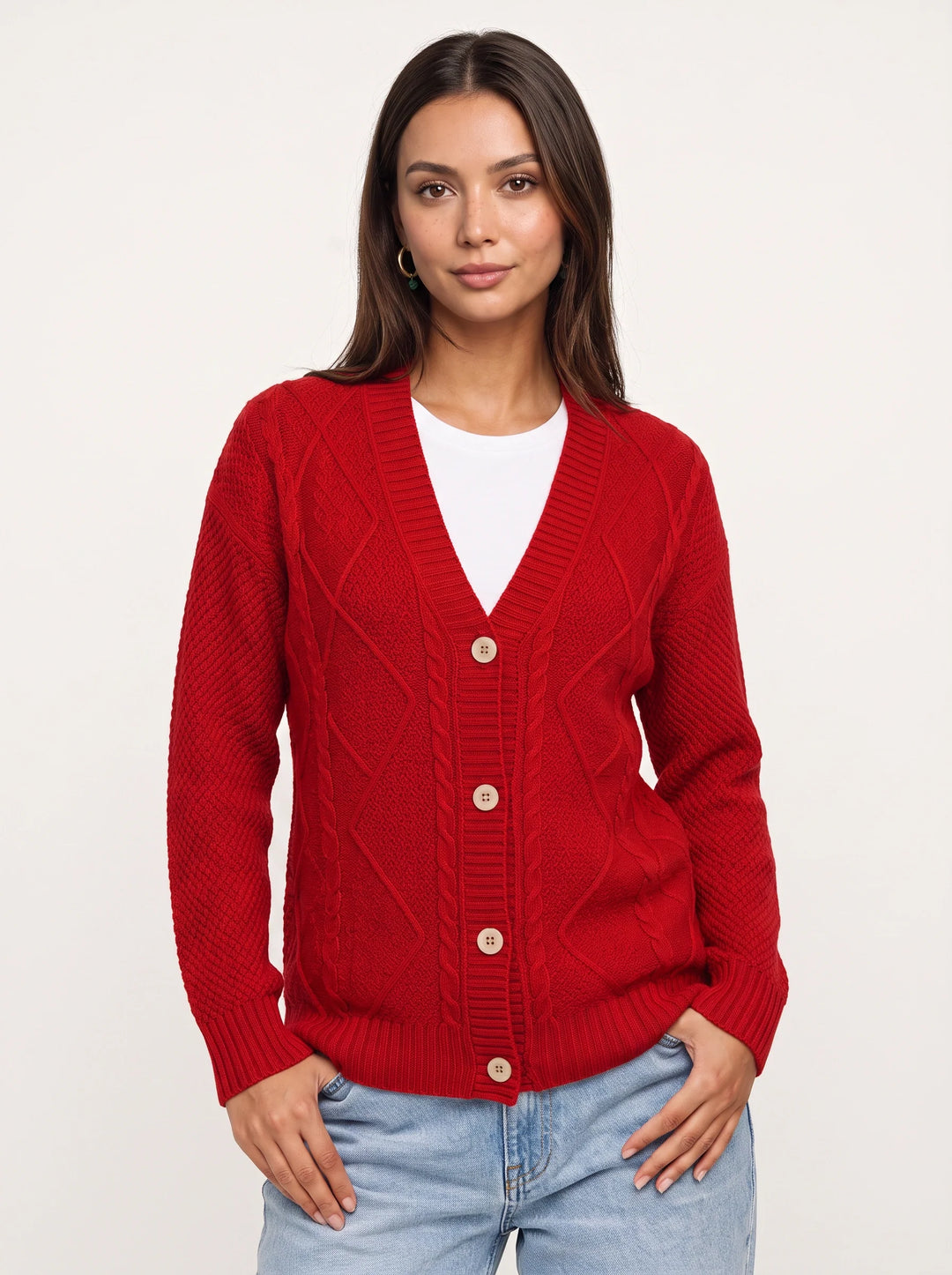 Women's Chunky Cable Knit Cardigan V-Neck Button Sweater