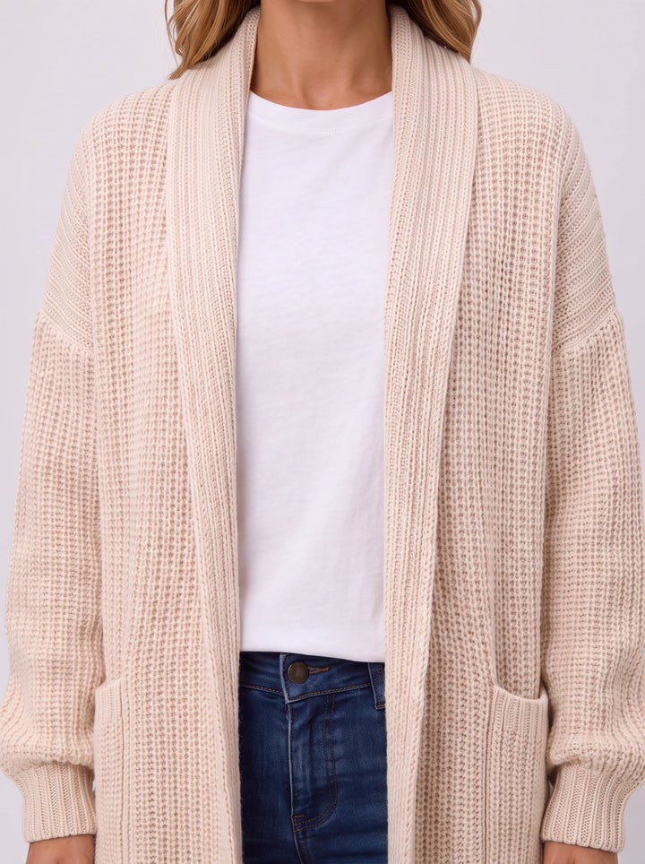 Women's Waffle Knit Longline Cardigan Open Front Sweater