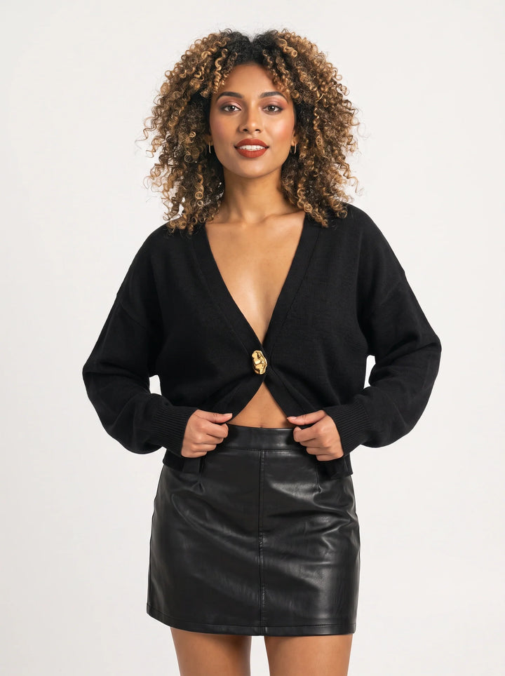 Women's Deep V Single Button Cardigan Cropped Knit Top