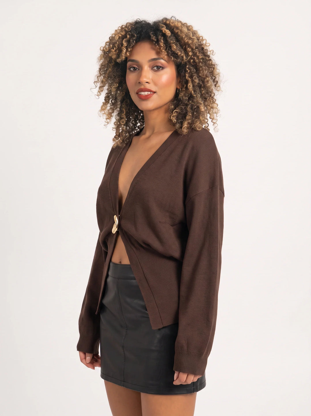 Women's Deep V Single Button Cardigan Cropped Knit Top