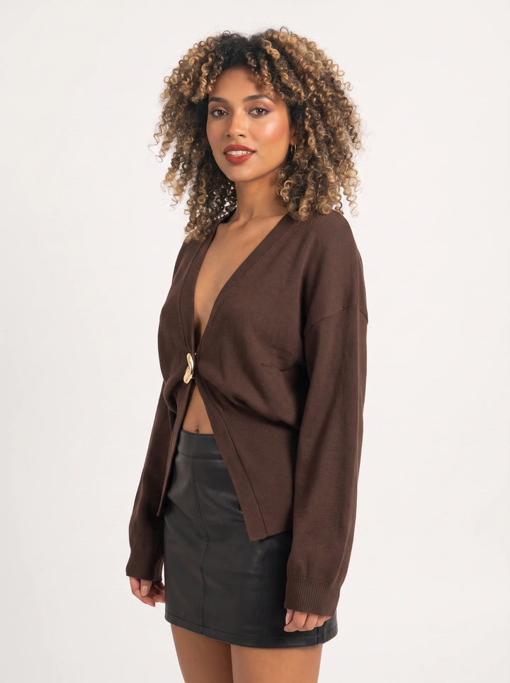 Women's Deep V Single Button Cardigan Cropped Knit Top